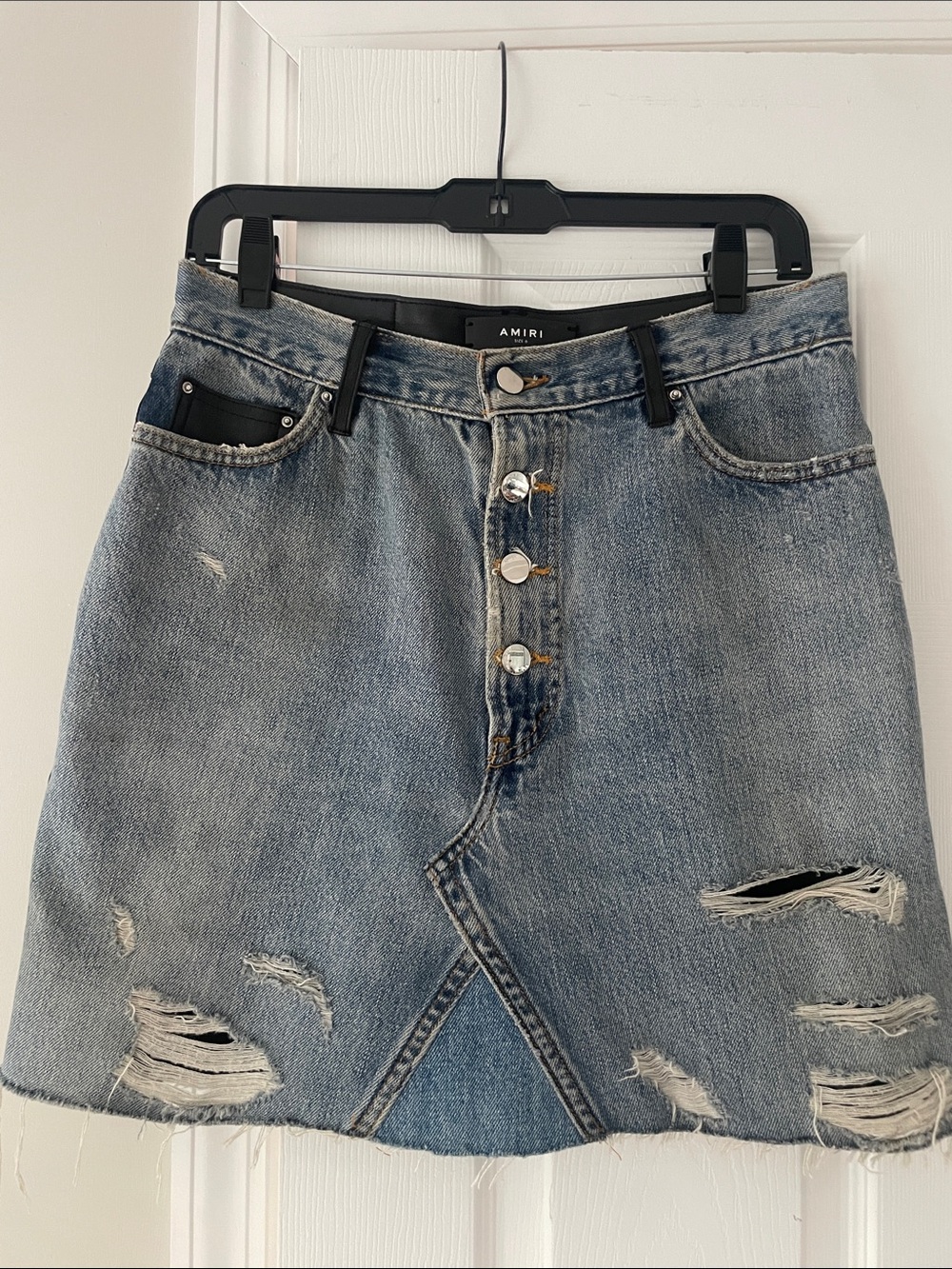 AMIRI Light Blue Distressed Button-Front Denim & Leather Mini Skirt